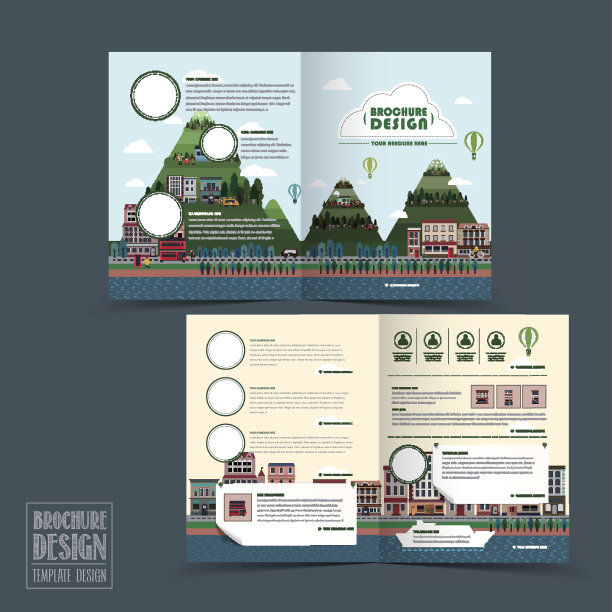 可爱的城镇风景半折宣传册模板图片下载
