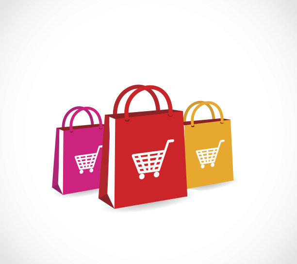 三个彩色纸袋与篮子图标向量图片下载