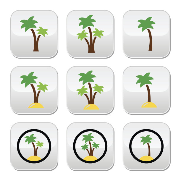 棕榈树，异国情调的海滩度假矢量彩色按钮设置图片下载