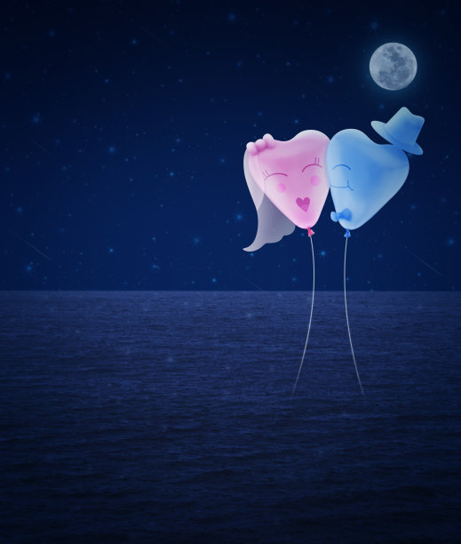 新郎和新娘在梦幻的夜空中放飞爱心气球图片下载