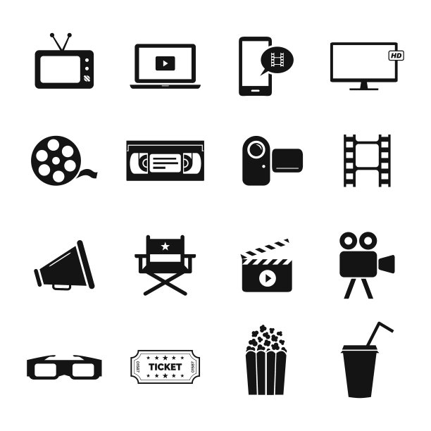 设置与电影、电影和电影行业相关的图标图片下载