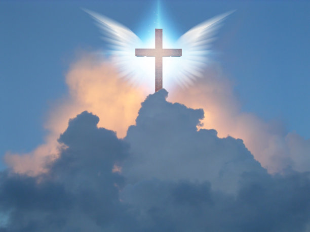 天使的翅膀在十字架前张开图片下载