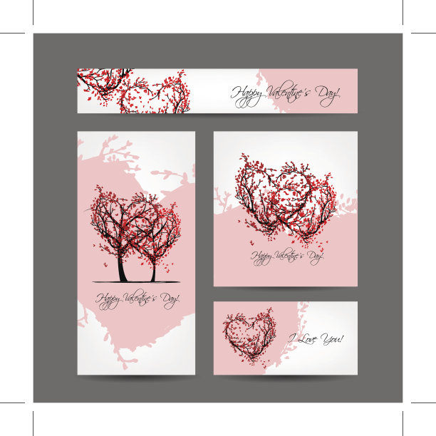 一套樱花树设计的情人节卡片图片下载