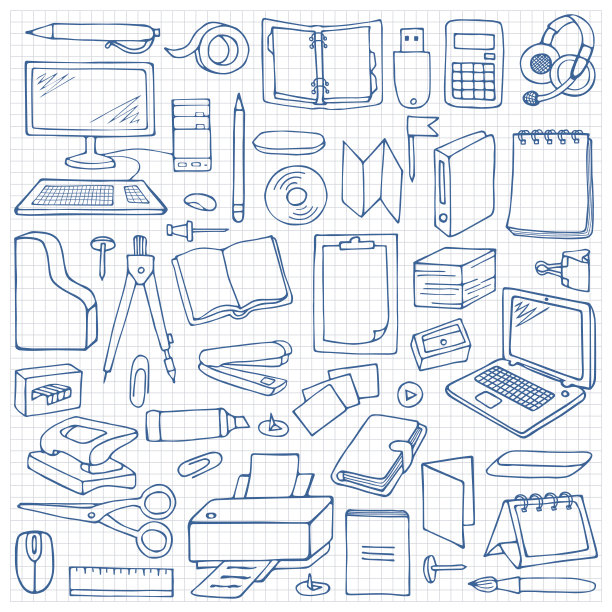 手绘办公室设置在方纸上图片下载