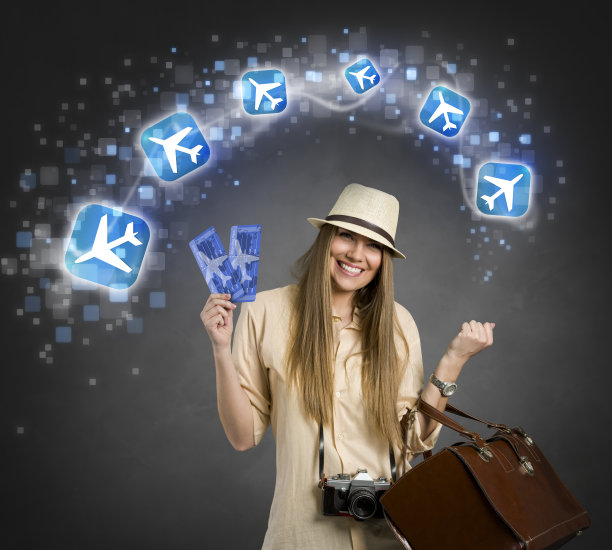 带着飞机图标的快乐女游客图片下载