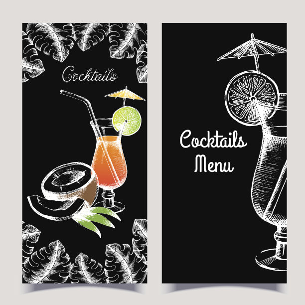 矢量横幅与鸡尾酒。白对黑，徒手画。图片下载