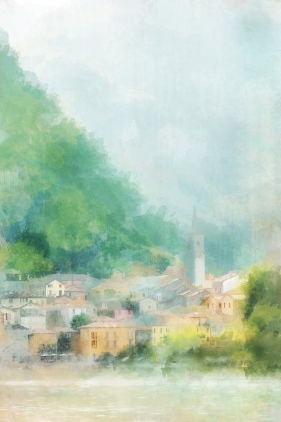 意大利科莫湖，数字水彩画图片下载