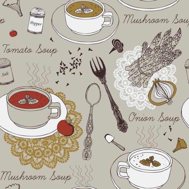 无缝背景与汤在陶瓷碗。图片下载