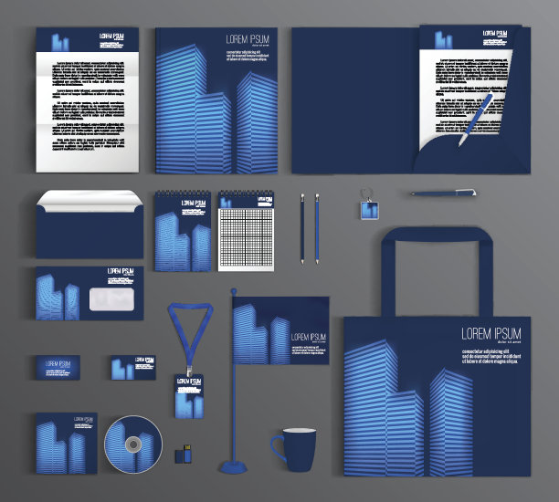 蓝色的企业形象。配有摩天大楼的设计。图片下载