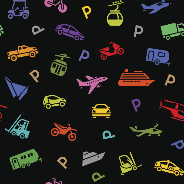 无缝背景，在黑色背景上运输彩色图标图片下载