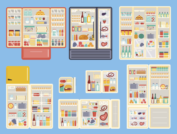打开冰箱产品向量集。图片下载