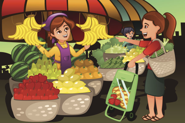 农贸市场的水果商和顾客图片下载