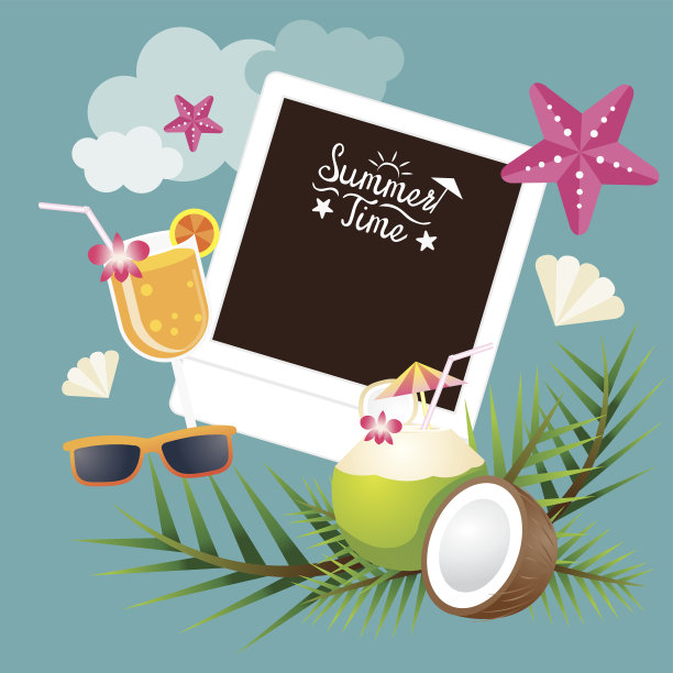 椰子水果和夏季物体与即时电影框架背景图片下载