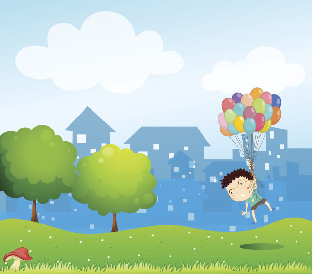 男孩和气球在空中漂浮图片下载