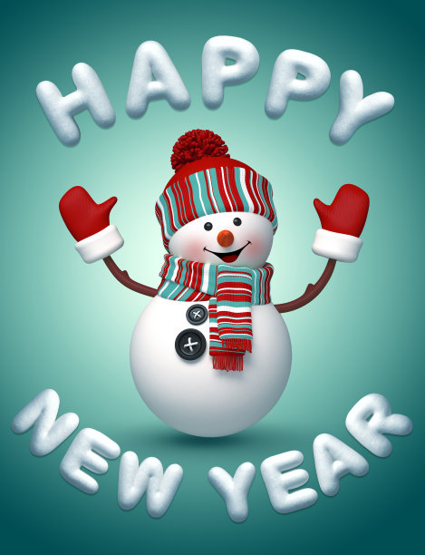 3d雪人祝新年快乐，雪花文字图片下载