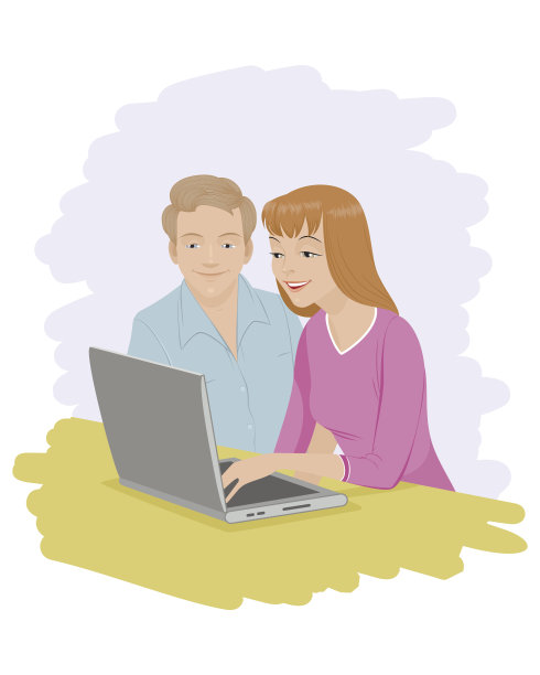 一对夫妇坐在笔记本电脑前图片下载