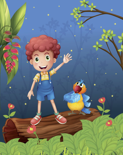 小男孩和鹦鹉在树林里图片下载
