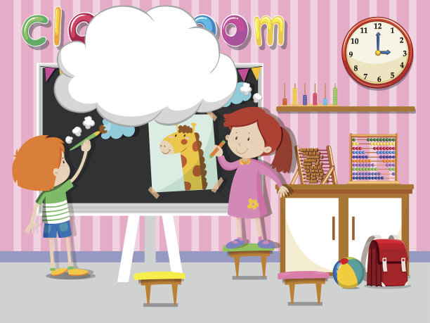 男孩和女孩在教室里画画和画画素材图片