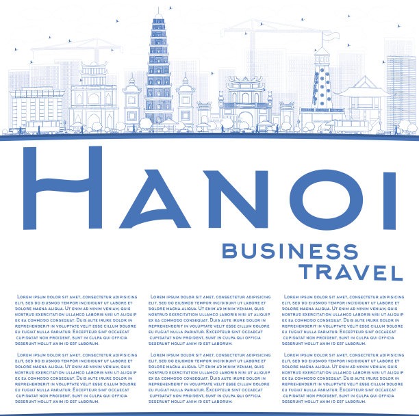 用蓝色地标勾勒出河内的天际线，复制空间。图片下载