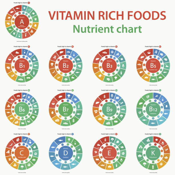 维生素丰富的食物。营养表。富含维生素的食物。图片下载
