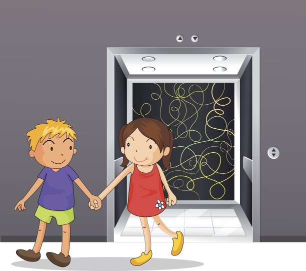 女孩和男孩在电梯旁牵着手图片下载