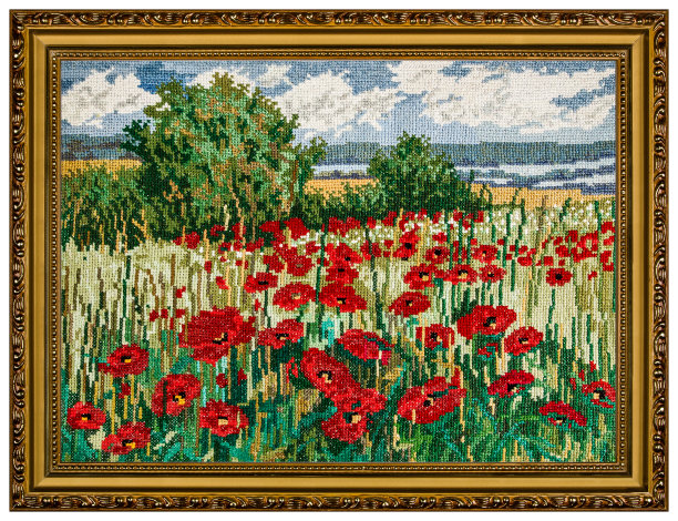 镜框中的绣花画，孤立在白色背景上图片下载