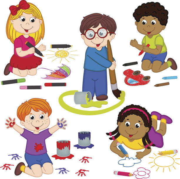 一组孤立的孩子画画图片下载
