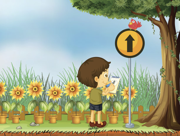 小男孩试图在黄色柱子上画一只鸟图片下载