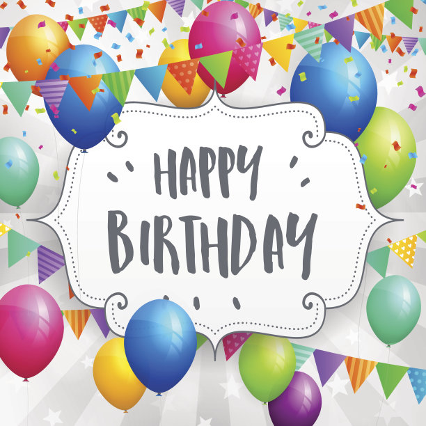 生日贺卡气球，旗子和五彩纸屑图片下载