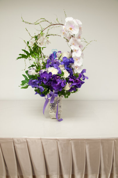 桌上摆着美丽的白色和紫色的兰花图片下载