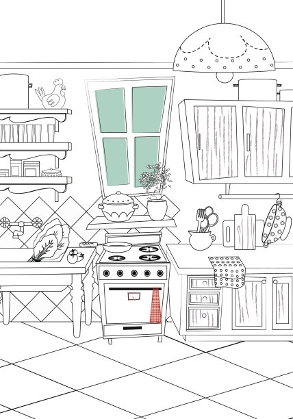 黑白厨房卡通风格背景图片下载