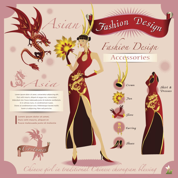时装设计。带着红龙的金色女孩。图片下载