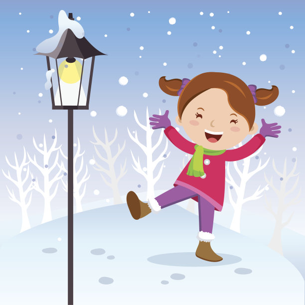 冬天的乐趣。有灯柱的女孩。图片下载