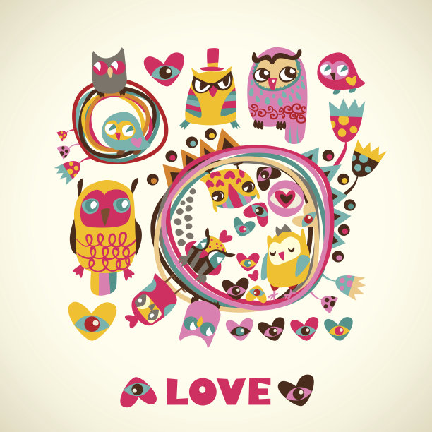 猫头鹰可爱的背景。设计卡通贺卡的模板图片下载