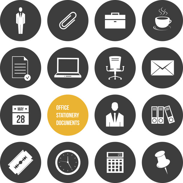 矢量办公文具和文档图标集图片下载