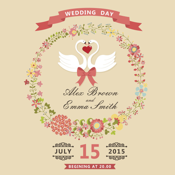 可爱的婚礼请柬，天鹅和花圈图片下载