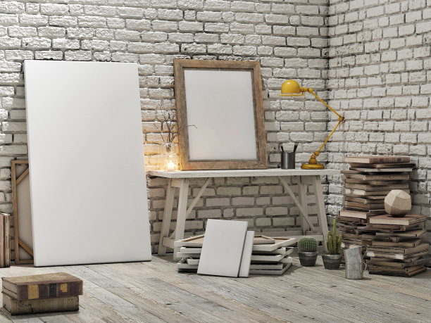 模拟海报，阁楼工作室，白色砖墙背景图片下载
