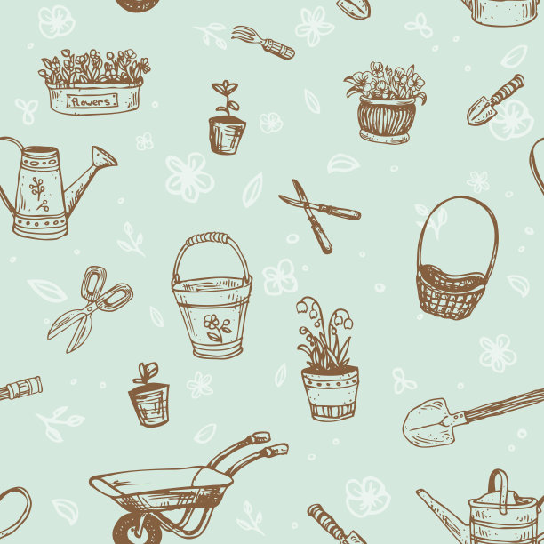 无缝复古纹理与花卉和园艺工具图片下载
