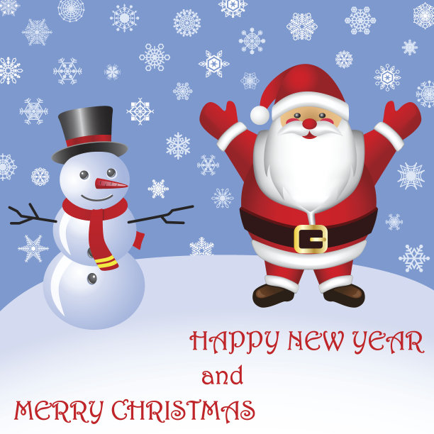 明信片。圣诞老人和雪人。雪花。向量。图片下载