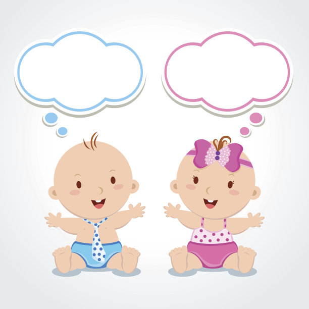双胞胎。有思维泡泡的婴儿。素材图片