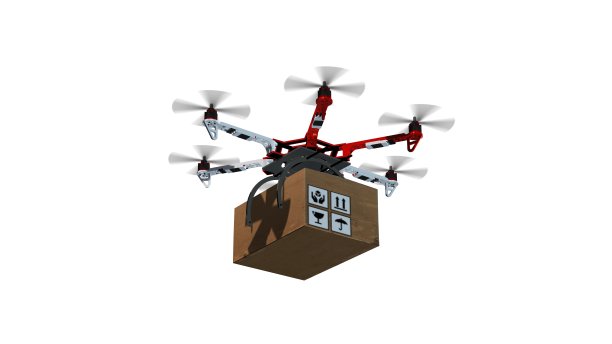无人机Hexacopter递送一个包裹-白色隔离图片下载