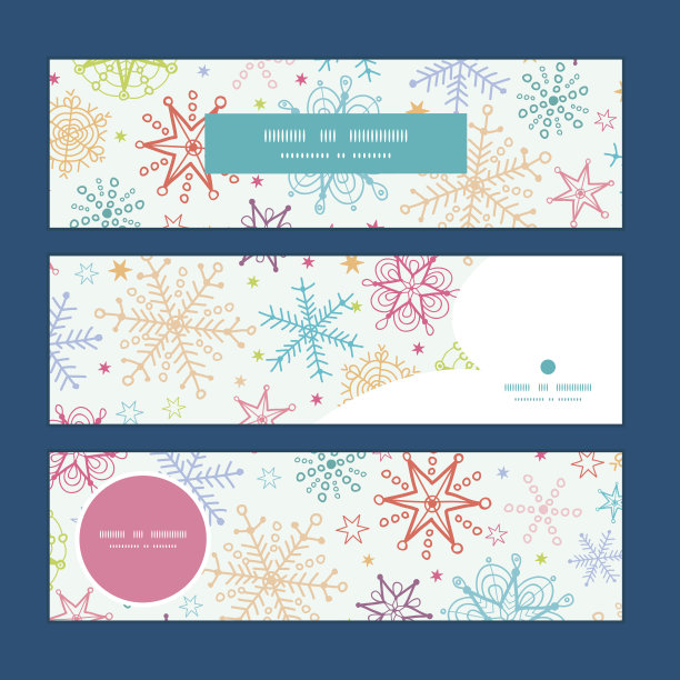 矢量彩色涂鸦雪花横横幅设置图案背景图片下载
