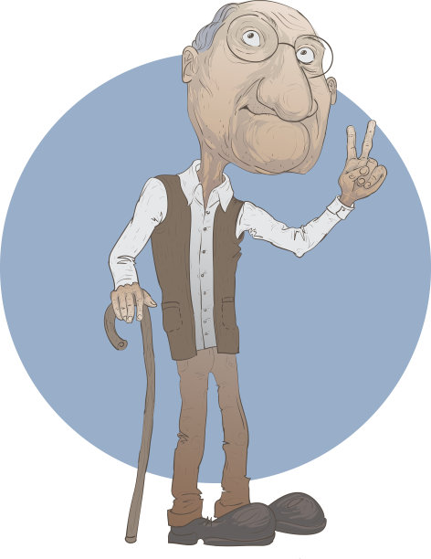 戴眼镜、拄拐杖的老人。人物在蓝色背景。图片下载