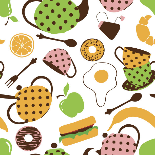 茶具和早餐食品的无缝模式图片下载