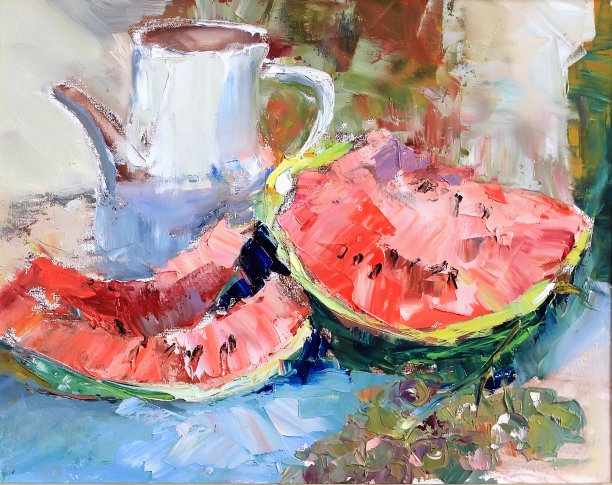 纹理油画，静物水果，西瓜和葡萄，ar图片下载