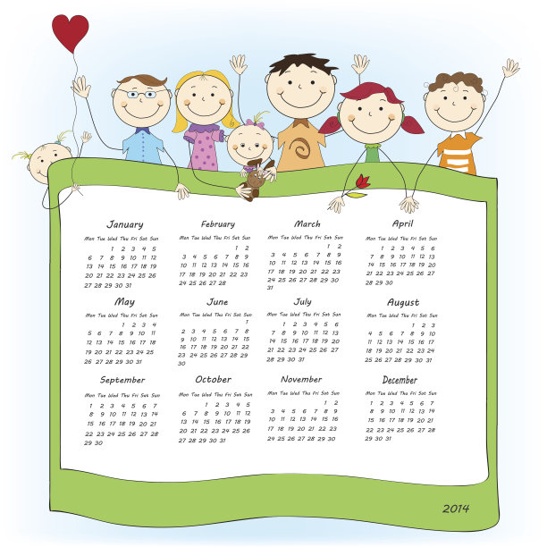 矢量2014日历设计与挥舞的孩子图片下载