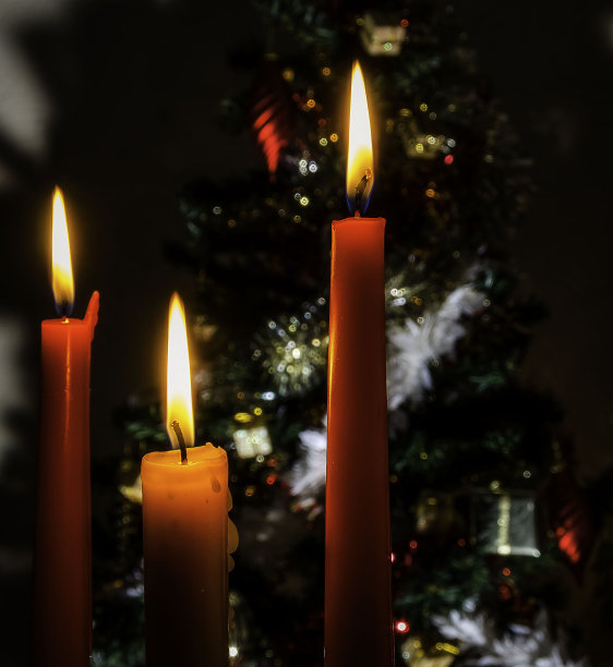 三支蜡烛在圣诞树的背景下发光图片下载