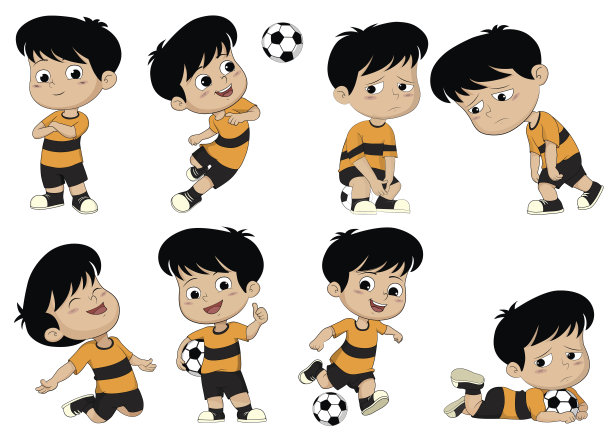卡通足球小孩与不同的姿势。图片下载