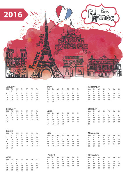 日历。巴黎地标全景，水彩画图片下载
