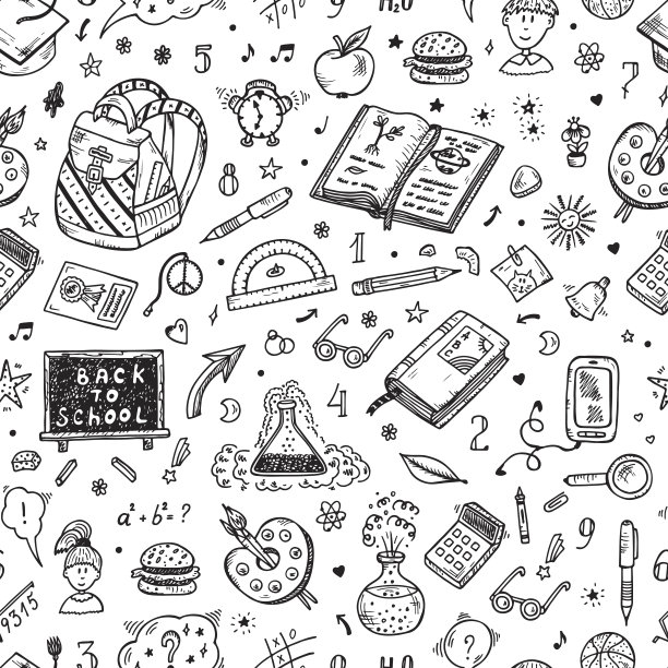 回到学校。手绘涂鸦学校用品无缝图案图片下载